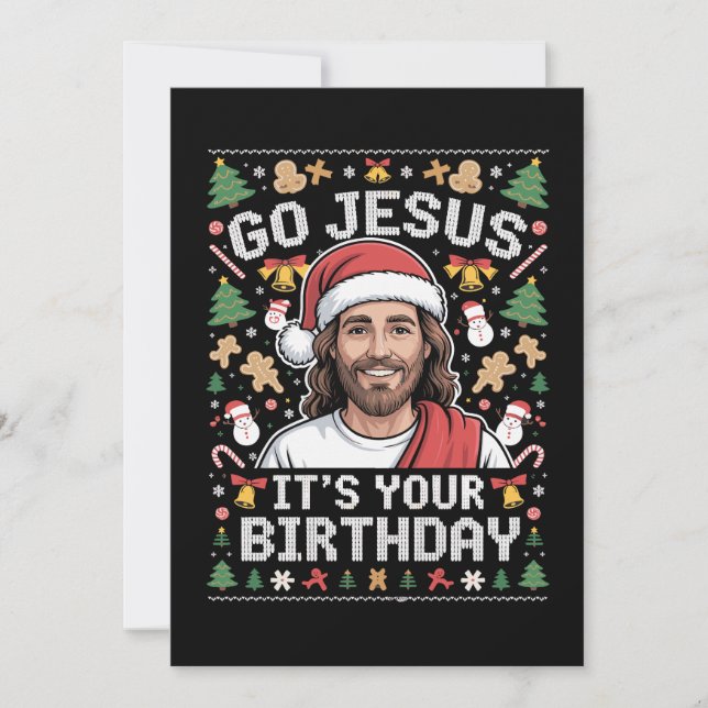 Cartes Pour Fêtes Annuelles Allez Jésus c'est ton anniversaire pull de Noël mo (Devant)