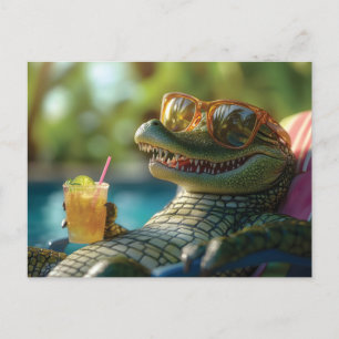 Cartes Pour Fêtes Annuelles Alligator dégustez un cocktail au bord de la pisci