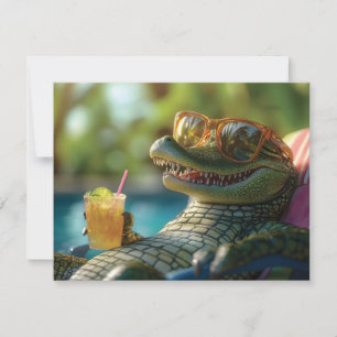 Cartes Pour Fêtes Annuelles Alligator profitant d'un cocktail au bord de la pi