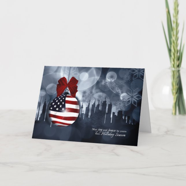 Cartes Pour Fêtes Annuelles American Flag Orament et Skyline Christmas (Devant)