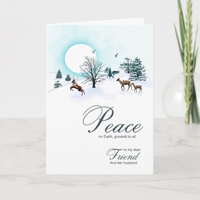 Cartes Pour Fêtes Annuelles Ami et mari, scène de Noël avec rennes (Devant)