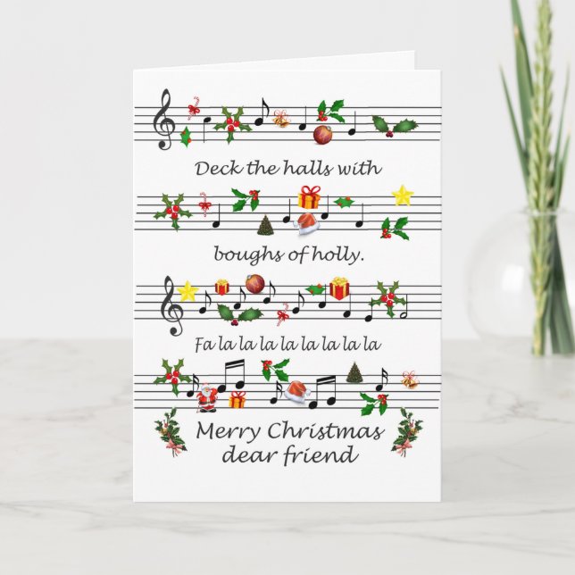 Cartes Pour Fêtes Annuelles Ami Feuille de Noël Musique Deck Les Halls (Devant)