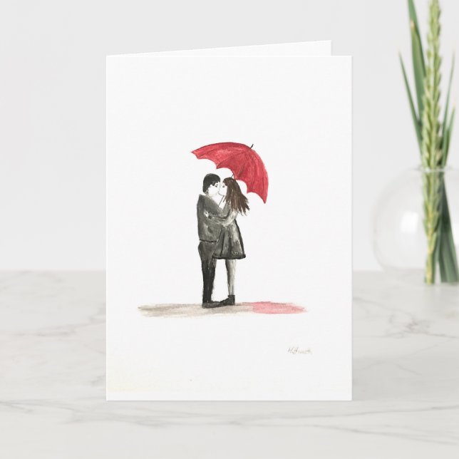Cartes Pour Fêtes Annuelles Amour couple avec parapluie rouge (Devant)