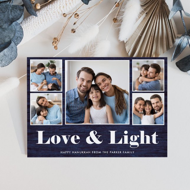 Cartes Pour Fêtes Annuelles Amour et lumière| Grille photo Hanoukka Blue Russe (A rustic, blue wood look Hanukkah card with a photo grid)