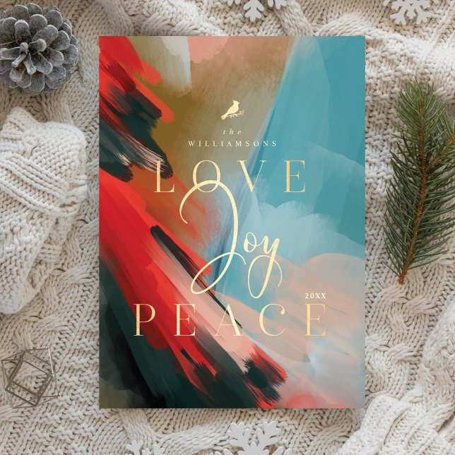 Cartes Pour Fêtes Annuelles Amour Joy & Paix Cardinal Rouge Aquarelle Abstrait (Joy Abstract Watercolor Paint Brush Stroke Photo Holiday Card)