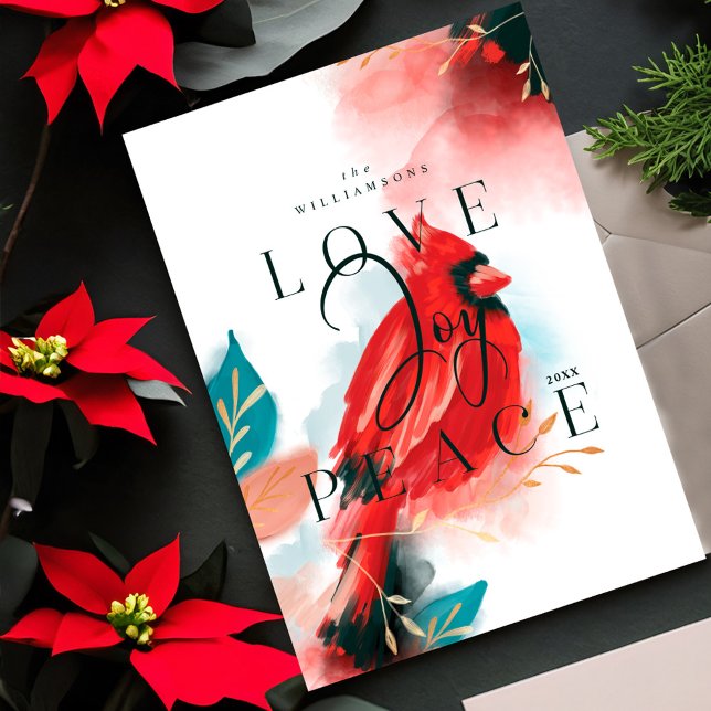 Cartes Pour Fêtes Annuelles Amour Joy & Paix Rouge Cardinal Aquarelle Blanc (Love Joy & Peace Red Cardinal Watercolor White Holiday Card)