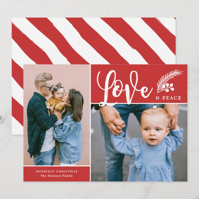 Cartes Pour Fêtes Annuelles Amour moderne et paix Deux photos rouge (Devant / Derrière)
