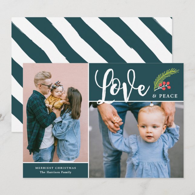 Cartes Pour Fêtes Annuelles Amour moderne et paix Deux photos Turquoise (Devant / Derrière)