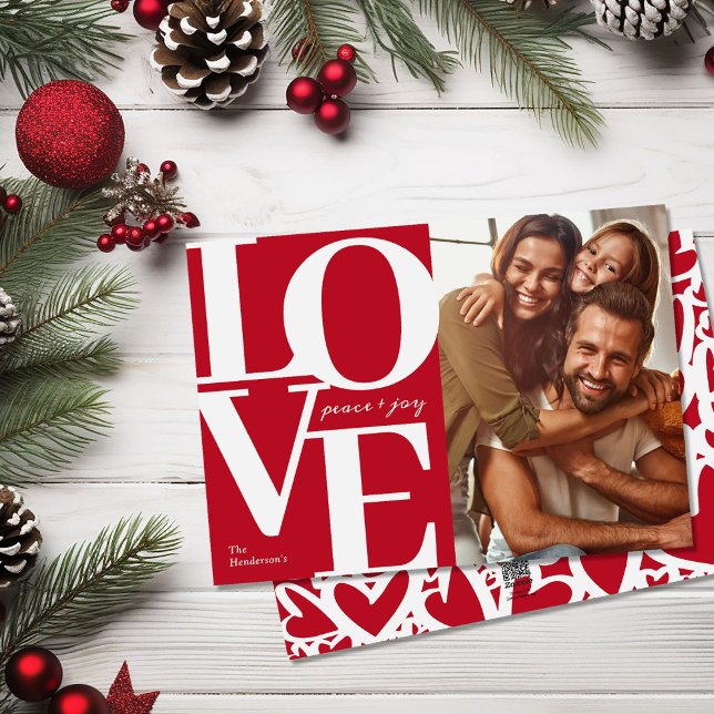 Cartes Pour Fêtes Annuelles Amour, Paix et Joie Noël Famille Rouge Photo (Créateur téléchargé)