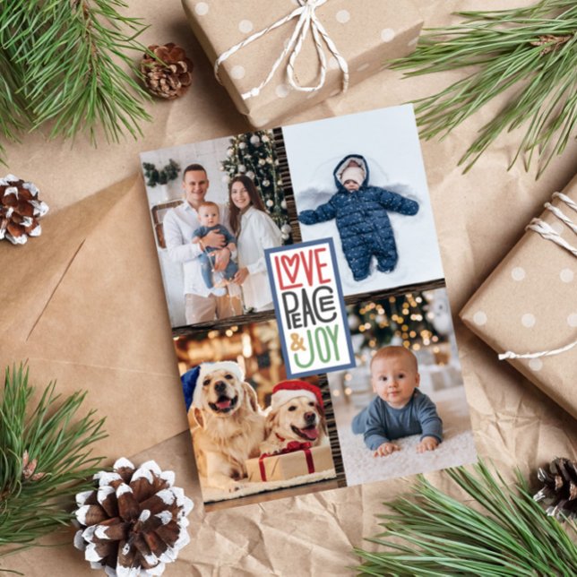 Cartes Pour Fêtes Annuelles Amour Paix & Joie (ajoutez vos photos) Bois Rustiq (Créateur téléchargé)