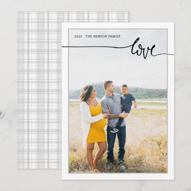 Cartes Pour Fêtes Annuelles Amour Plaid Script minimal Gris Vertical Vacances  (Devant / Derrière)