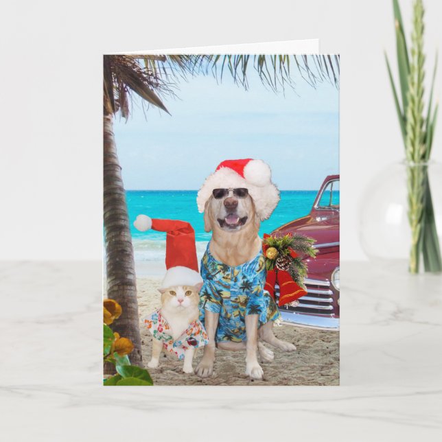 Cartes Pour Fêtes Annuelles Amusant Animaux de compagnie Hawaiian/Surfer Noël (Devant)