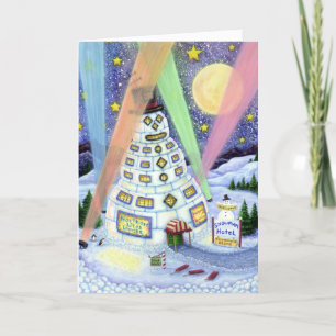 CARTES POUR FÊTES ANNUELLES AMUSANT HÔTEL DE SNOWMAN, LUMIÈRES DU NORD ET PENG
