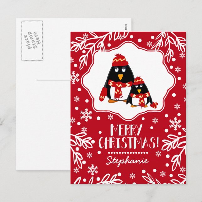 Cartes Pour Fêtes Annuelles Amusant Petit Pingouins Nom personnalisé Noël (Devant / Derrière)