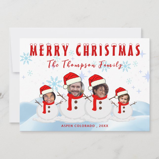 Cartes Pour Fêtes Annuelles Amusant Snowman Famille Joyeux Noël Photo (Devant)