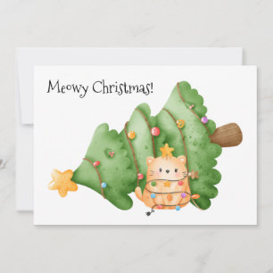Cartes Pour Fêtes Annuelles Amusante Chat Meowy Feux de Noël Aquarelle