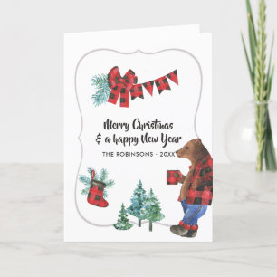 Cartes Pour Fêtes Annuelles Amusants Buffalo Plaid Bois de Lumière Ours Noël P