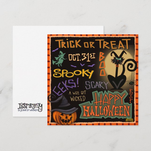 Cartes Pour Fêtes Annuelles Amusants Halloween Chat noir Citrouille Inspirivit (Devant / Derrière)