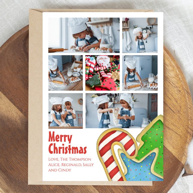 Cartes Pour Fêtes Annuelles Amusants Joyeux Noël mignon Photo Collage (Merry christmas photo card with watercolor Christmas cookies.)