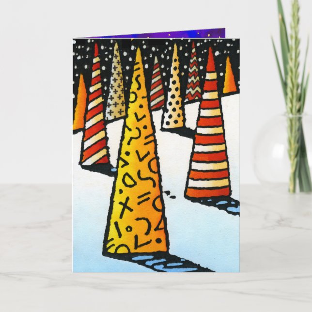 Cartes Pour Fêtes Annuelles Amusants Noël Motif moderne arbres, neige et étoil (Devant)