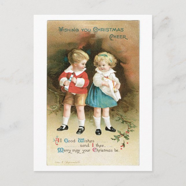 Cartes Pour Fêtes Annuelles Ancien Noël, garçon & fille (Devant)