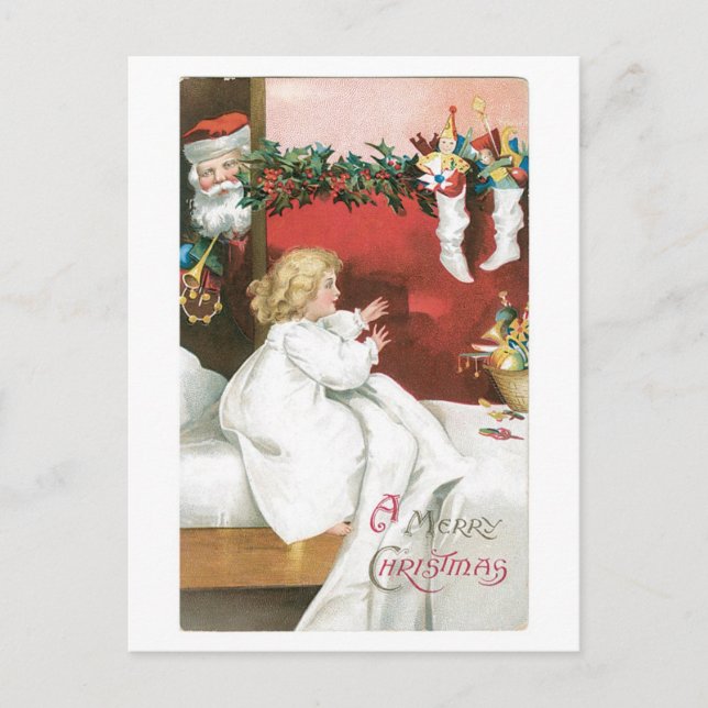 Cartes Pour Fêtes Annuelles Ancien Noël, Père Noël & Girl (Devant)