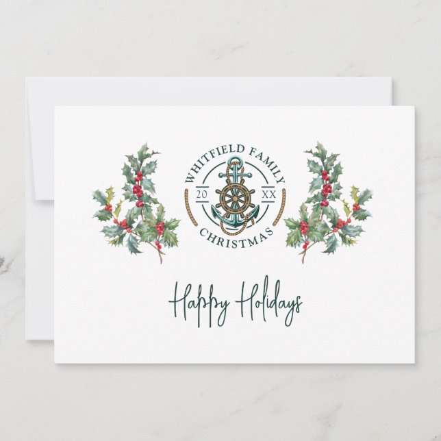 Cartes Pour Fêtes Annuelles Ancre nautique Famille de Noël tropicale (Devant)