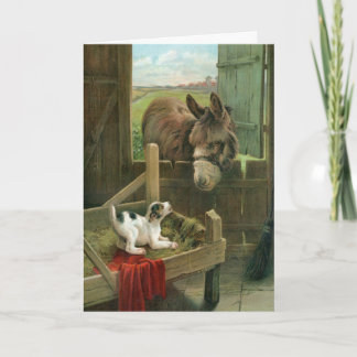 Cartes Pour Fêtes Annuelles Âne vintage et chiot dans la vieille basse-cour de