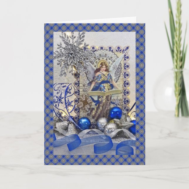 Cartes Pour Fêtes Annuelles Ange bleu victorien avec frontière (Devant)