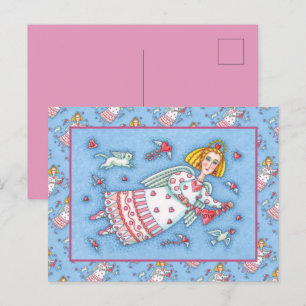 CARTES POUR FÊTES ANNUELLES ANGE D'ART FOLK, CHAT ET COEURS DE VOL VALENTINE
