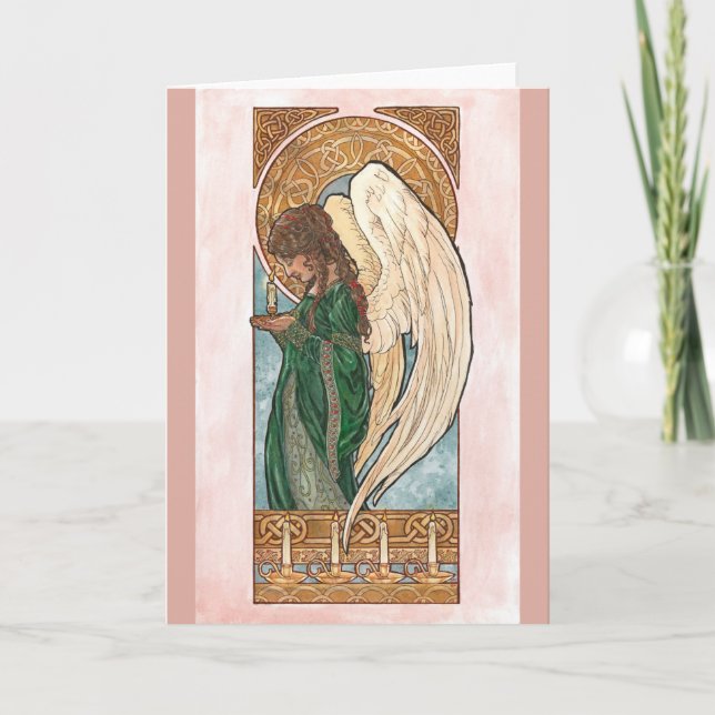 Cartes Pour Fêtes Annuelles Ange de Noël Art Nouveau avec bougie (Devant)