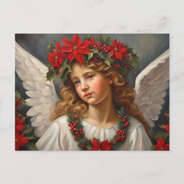 Cartes Pour Fêtes Annuelles Ange de Noël aux fleurs de Poinsettia rouge (Devant)