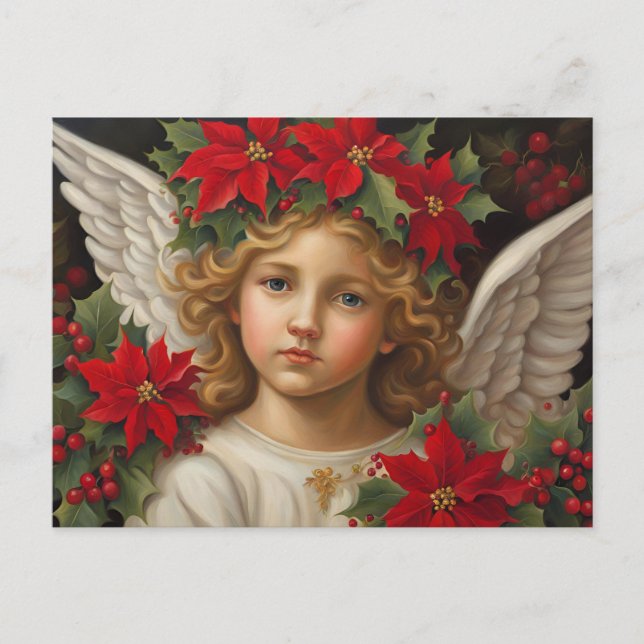 Cartes Pour Fêtes Annuelles Ange de Noël avec couronne rouge Poinsettia (Devant)