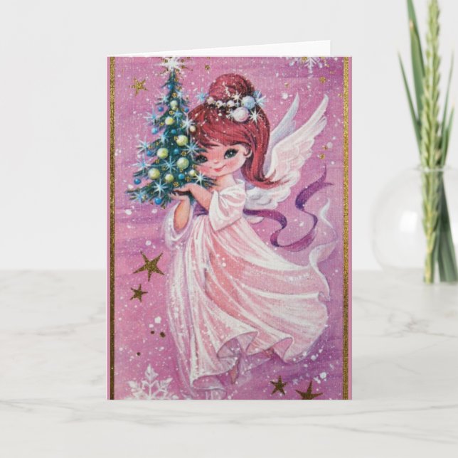 Cartes Pour Fêtes Annuelles Ange de Noël Vintage tenant arbre (Devant)