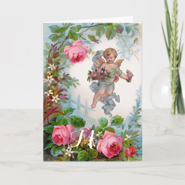 CARTES POUR FÊTES ANNUELLES ANGE DÉMONIAQUE CUEILLANT DES ROSES ET DES FLEURS  (Devant)