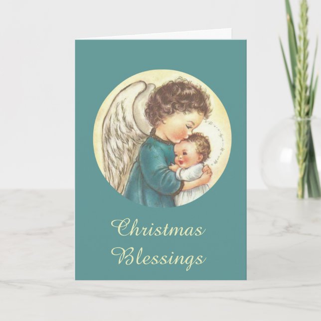 Cartes Pour Fêtes Annuelles Ange gardien tenant bébé enfant Jésus Noël (Devant)
