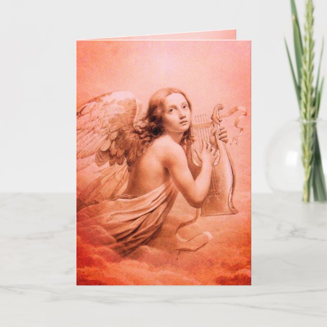 Cartes Pour Fêtes Annuelles ANGE JOUER LYRA SUR LES NUAGES teinte rouge (Devant)