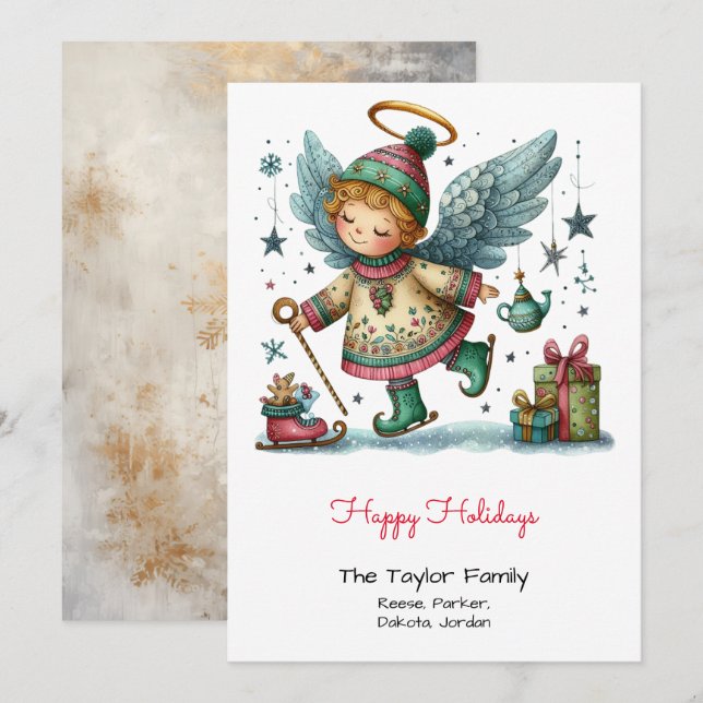 Cartes Pour Fêtes Annuelles Ange Whimsical sur les patins de glace Illustratio (Devant / Derrière)