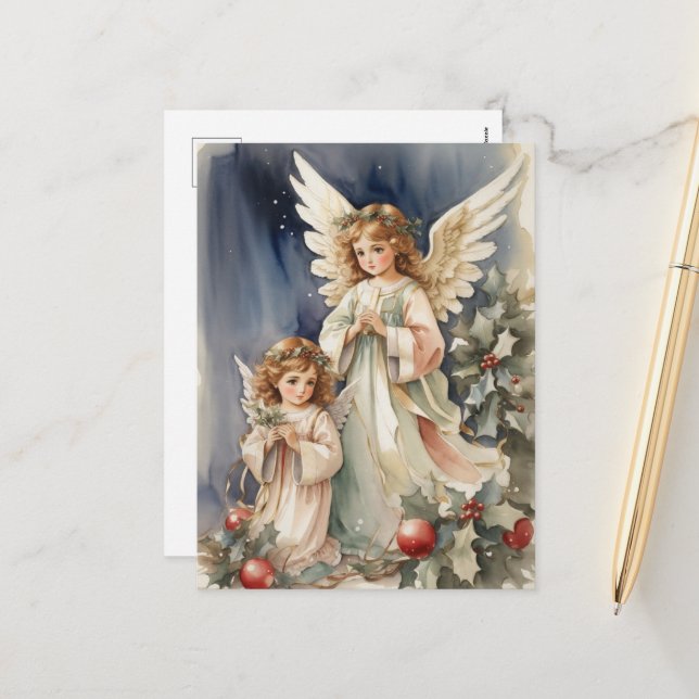 Cartes Pour Fêtes Annuelles Anges de l'aquarelle de Noël (Devant/Arrière en situation)