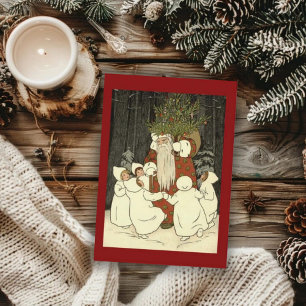 Cartes Pour Fêtes Annuelles Anges de Noël Vintage en Forêt avec Père Noël