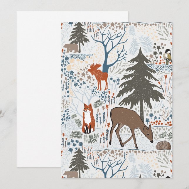 Cartes Pour Fêtes Annuelles Animaux des bois d'hiver de vacances (Devant / Derrière)