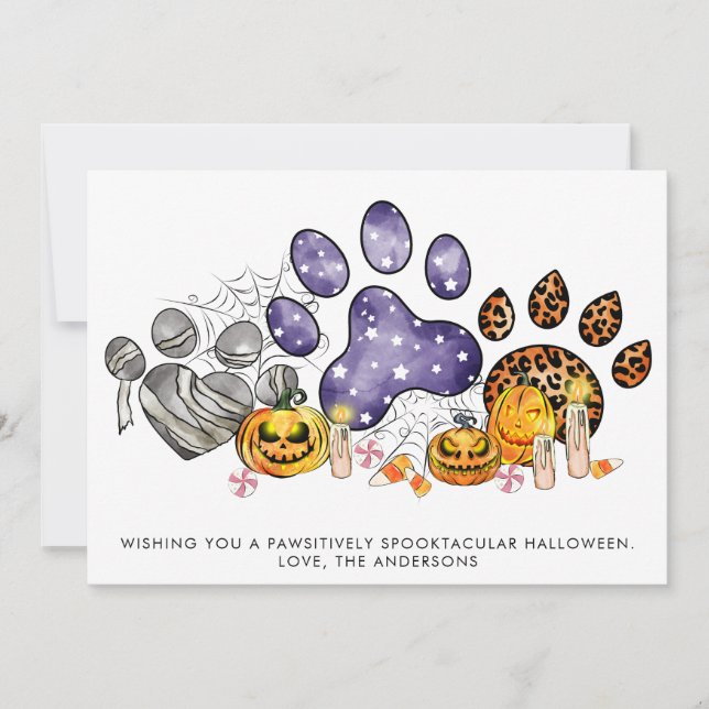 Cartes Pour Fêtes Annuelles Animaux Empreintes de pattes Citrouilles Chien Cha (Devant)