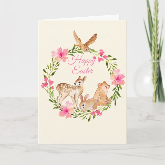 Cartes Pour Fêtes Annuelles Animaux Pâques de région boisée d'aquarelle (Devant)