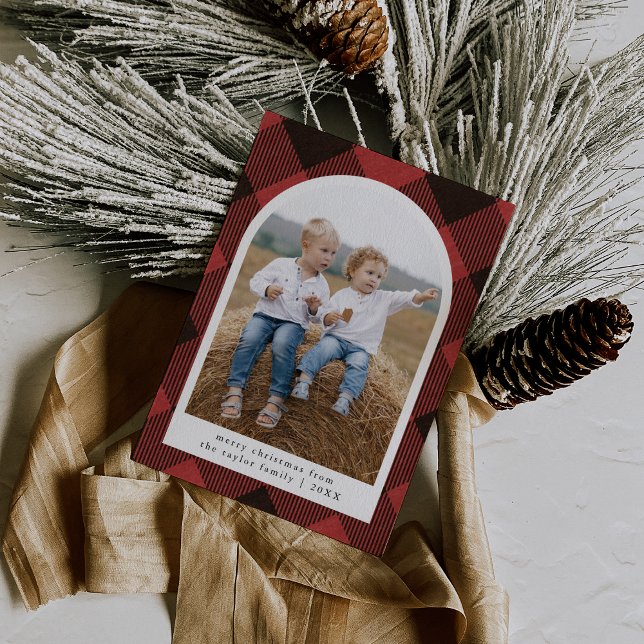 Cartes Pour Fêtes Annuelles ANNA Red Plaid Modern Family Photo Joyeux Noël (ANNA Red Plaid Modern Family Photo Merry Christmas Holiday Card)