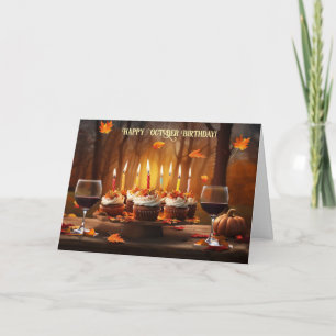 Cartes Pour Fêtes Annuelles Anniversaire d'octobre avec cupcakes feuilles tomb
