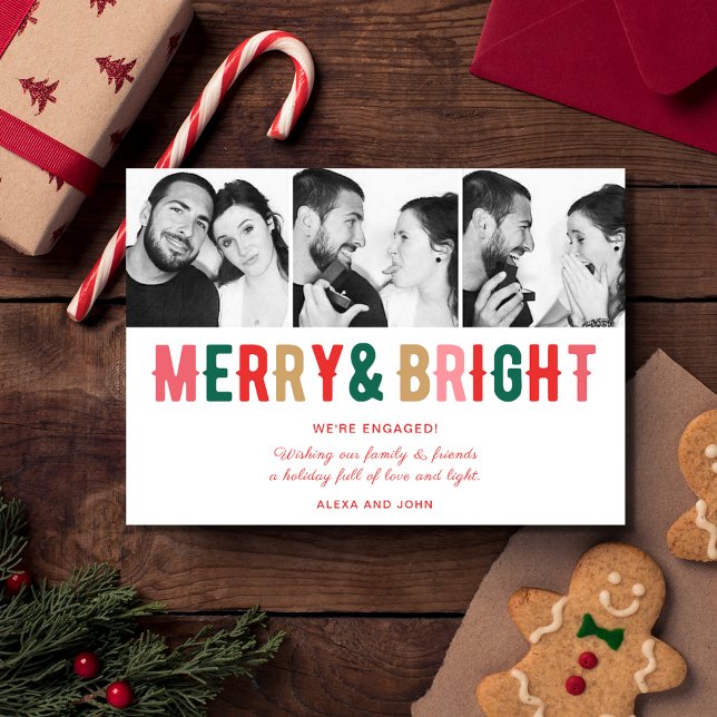 Cartes Pour Fêtes Annuelles Annonce de fiançailles Merry Bright Noël (Merry Bright Couple's Snowflake Photo Christmas Holiday Card)