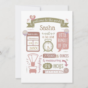 Cartes Pour Fêtes Annuelles Annonce de statistiques de naissance de bébé rose