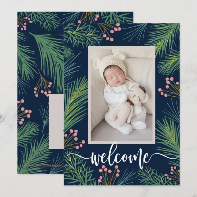 Cartes Pour Fêtes Annuelles Annonces de naissance de pins d'hiver (Devant / Derrière)