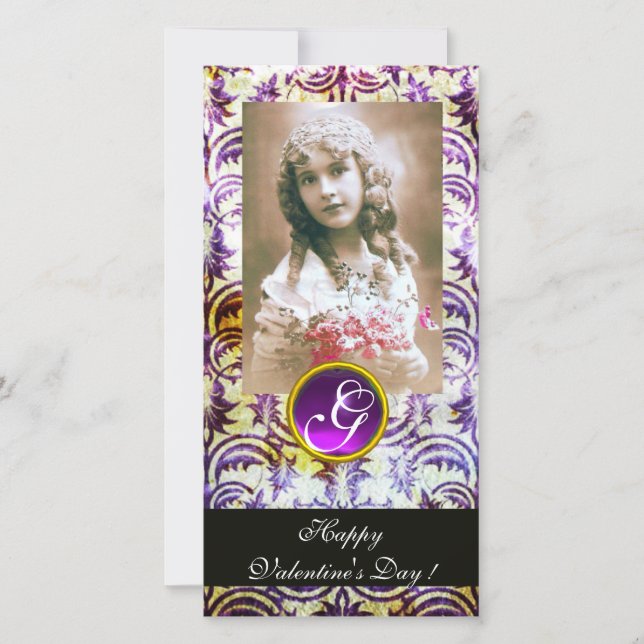 Cartes Pour Fêtes Annuelles ANTIQUE PURPLE DAMASK Amethyst Monogramme (Devant)