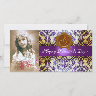 Cartes Pour Fêtes Annuelles ANTIQUE PURPLE DAMASK SCEAU CIRE BROWN Monogramme